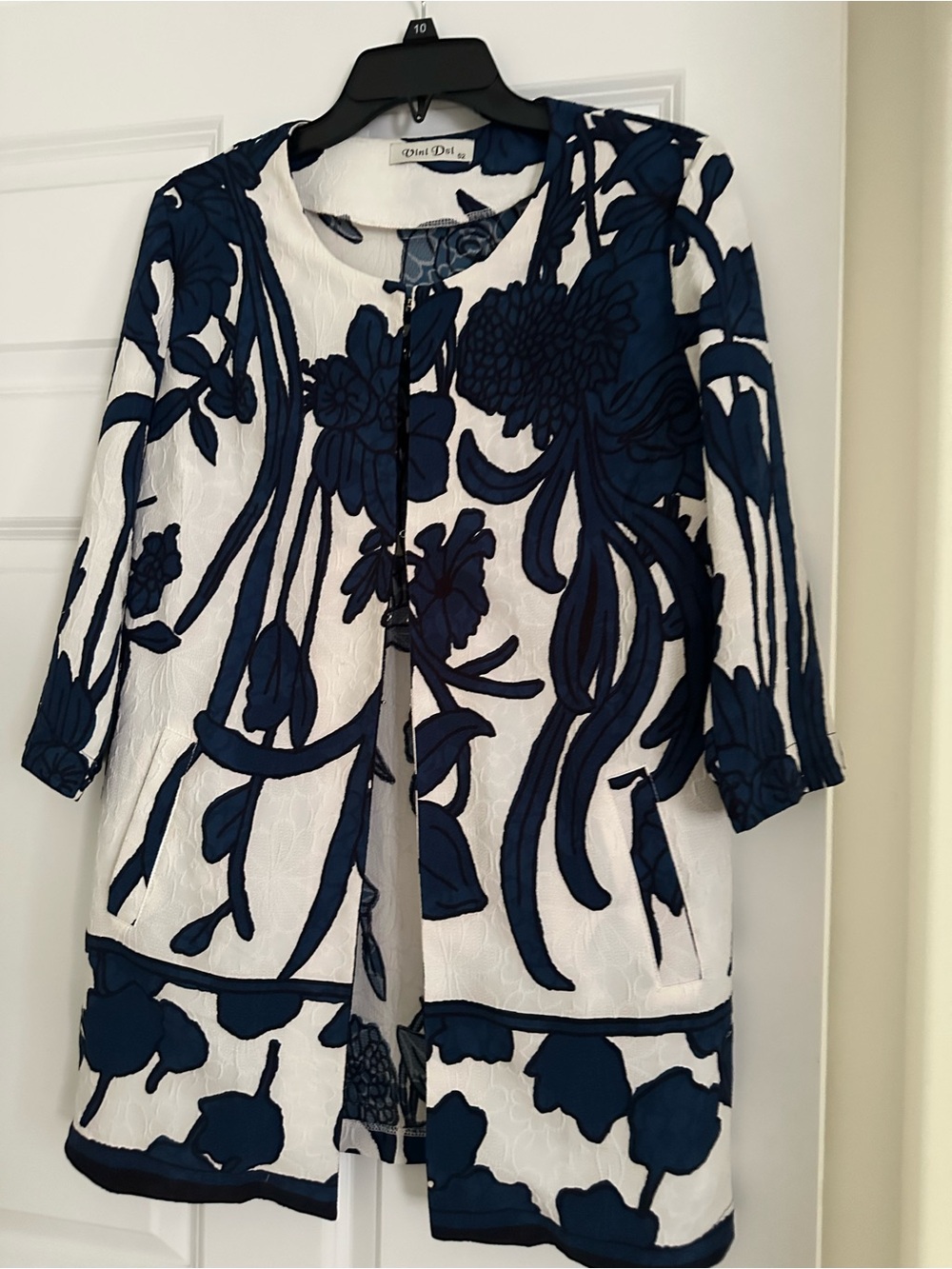 White & Navy Floral Embroidered Long Blazer